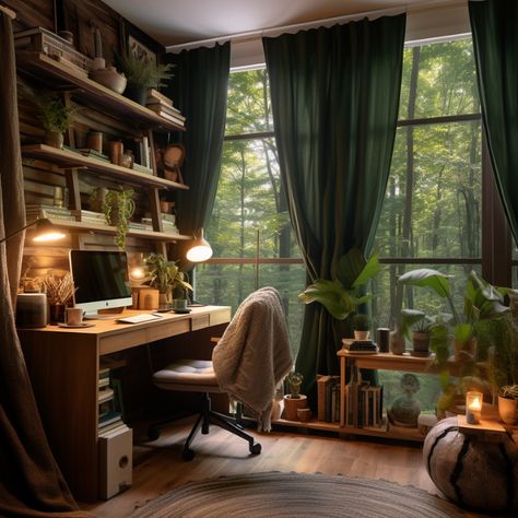 17 Nature-Inspired Home Office Designs to Awaken Your Soul Nature Office Decor, Authors Office, Earthy Home Office, Green Office Walls, Home Office Green, Forest Green Bedrooms, Nature Office, Green Home Offices, Home Office Designs