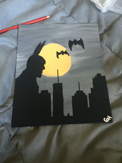 Sebastian's new batman painting for his room Batman Aesthetic, Batman Painting, Batman Inspired, Bat Signal, Superhero Logos, Bat, Canvas Painting, Batman, Paintings