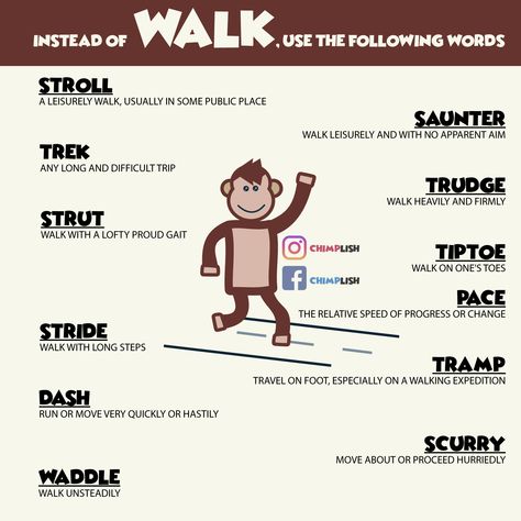 Instead of "WALK", use... . . #vocabulary #english #ielts #chimplish #learnenglish #walk #words #englishvocabulary Words To Use Instead Of Walk, Ielts Vocabulary, English Pronunciation Learning, Prepositional Phrases, Ielts Writing, Esl Vocabulary, Descriptive Words, Good Vocabulary Words, Good Vocabulary