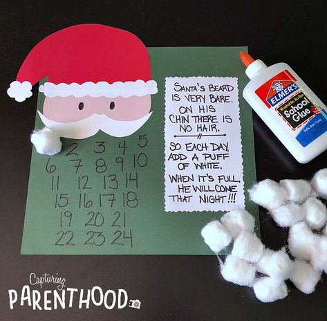 Simple Santa Beard Advent Calendar Santa Beard Christmas Countdown, Santa Claus Countdown Craft, Santa Beard Advent Calendar, Count Down To Christmas For Kids, Simple Santa Craft, Santa Advent Calendar Craft, Santa Countdown Craft, Kindergarten December Activities, Toddler Advent Calendar Ideas