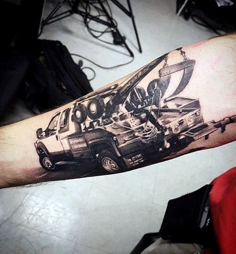 60 Truck Tattoos For Men - Vintage and Big Rig Ink Design Ideas Truck Tattoo Design, Truck Tattoos For Men, Semi Truck Tattoo Ideas, Old Truck Tattoo, Tow Truck Tattoo, Diesel Truck Tattoo Ideas, Old Ford Truck Tattoo, Truck Tattoos, Hot Rod Tattoo