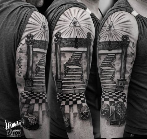 Staircase tattoo by Adam K! Limited availability at Revival Tattoo Studio. Columns Tattoo, Freemasonry Tattoo, Masonic Tattoos Freemasonry, Staircase Tattoo, Freemason Tattoo, Templar Knight Tattoo, Masonic Tattoos, Revival Tattoo, Tattoo Catalog