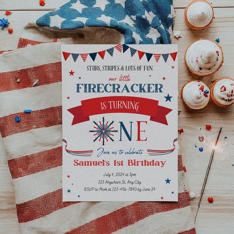 Firecracker 1st Birthday Invitation, 4th of July Themed Invite, Editable First Birthday Canva Template, Red White & Blue Patriotic Fireworks by CallMeKZ on Etsy Fourth Of July First Birthday Girl, Patriotic First Birthday, July Baby Birthday, 4th Of July 1st Birthday, Baby Boy First Birthday, 1st Birthday Invitation, July Birthday, Birthday Party Planning, Birthday Template