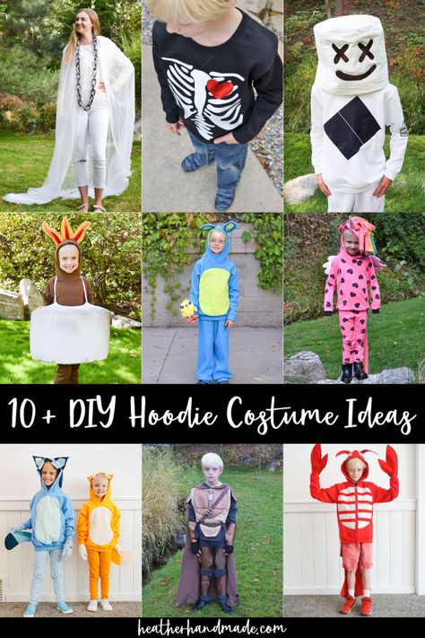 diy hoodie costumes Hoodie Costume Diy, Hooded Halloween Costume Outerwear, Hooded Hoodie With Drawstring For Halloween, Diy Bluey Costume, Easy Ghost Costume, Diy Hooded Cape For Kids, Halloween Hoodie With Adjustable Hood, Easy Kids Costumes, Marshmallow Costume