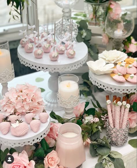 Floral Desserts Table, Dessert Table Tea Party, White And Pink Dessert Table, Dessert Table Centerpiece Ideas, Bridal Shower Sweet Table Desserts, Pink And White Candy Table, Pink And White Dessert Table Ideas, Pink Dessert Tables Wedding, Pink Bridal Shower Dessert Table