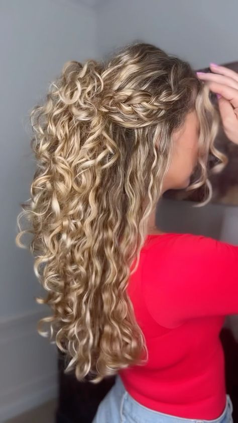 Candace Stuller | Half Up Hairstyle with Braids ⁣ ⁣ Save to try later!⁣ ⁣ #hairblogger #hairtutorial #curls #curlyhairstyles | Instagram Hair Styles Curls And Braids, Braid And Curls Hairstyles Half Up, Natural Curly Hair Half Up Half Down Wedding, Hairstyles For Curly Hair Fancy, Beautiful Hairstyles With Braids, Curly White Girl Hair Hairstyles, Wedding Curly Hairstyles Half Up, Hair Ideas For Hoco Down, Curly Updo Half Up Half Down