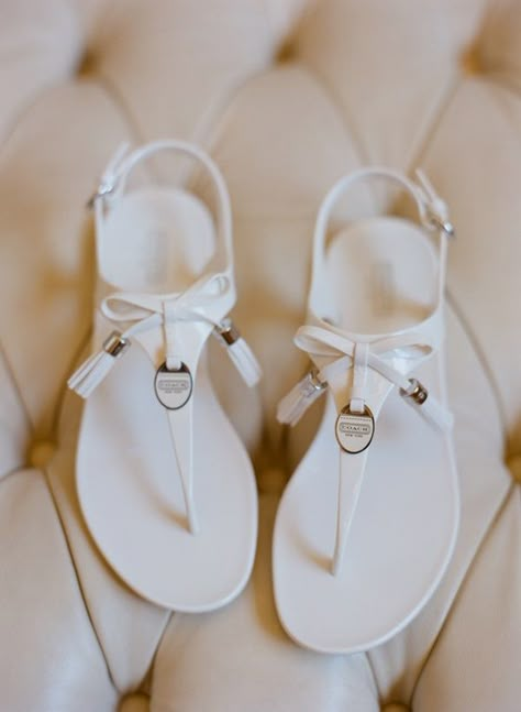 Flat White Coach Wedding Sandals | photography by http://carriepattersonphotography.com/ Coach Totes, Coach Fashion, Timberlands, Wedding Sandals, White Flats, Fashion Lookbook, Coach Purses, White Shoes, Christian Louboutin Shoes