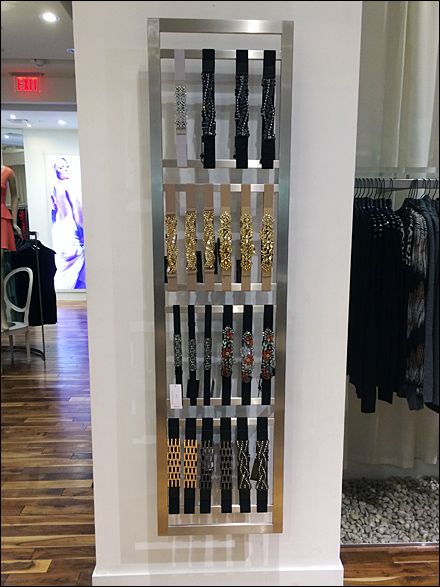 BCBG Belts Vertical Wall Merchandising Fixture Belt Display Retail, Belt Display Rack, Belt Buckle Display, Store Display Design, Belt Store, Shoe Store Design, Master Bath And Closet, Clothing Store Displays, Belt Display