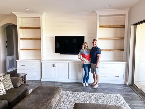 Built-ins & Cabinets — Champagne Taste Design Budget Built Ins, Built In Wall Units With Bar, Built Ins With Base Cabinets, Diy Media Built In, Large Built In Entertainment Center, Basement Media Center, Built In Tv Wall Unit Farmhouse, Diy Living Room Built Ins With Tv, Diy Built In Tv Wall Unit