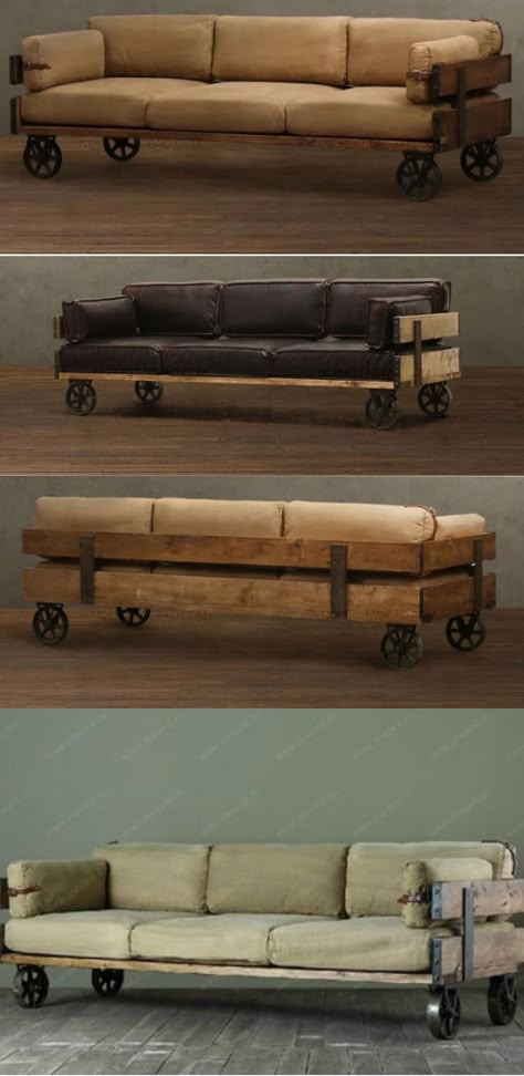 Sofa On Wheels, Sofa On Casters, Industrial Leather Sofa, Industrial Sofa Design, Wood Table Legs Ideas, Table Legs Ideas, Coffee Table With Wheels Rustic, Industrial Wheels For Furniture, Sofa Industrial