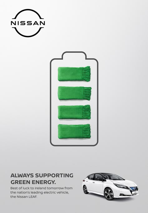 Ad Creative Ideas, Print Ads Design, Irish Rugby Team, Car Print Ads, Ev Battery, Six Nations Rugby, Irish Rugby, Green Marketing, Car Advertising Design