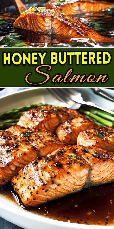 Craving something delicious and healthy? Try this Honey Buttered Salmon recipe! 🍯🐟 It’s packed with flavor from a simple honey butter glaze that caramelizes beautifully in the pan. Ready in under 20 minutes, it’s great for busy nights. 🍴🥘 #HealthyEating #SalmonLovers #QuickRecipes Recipes With Honey Butter, Salmon Recipes Simple, Buttered Salmon, Simple Salmon Recipe, Salmon Recipes Easy, Honey Butter Glaze, Honey Glazed Salmon Recipe, Salmon Recipes Pan Seared, Honey Glazed Salmon