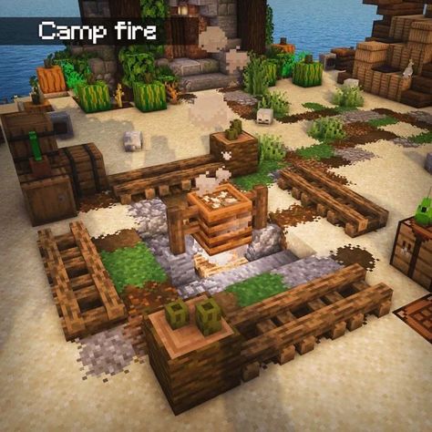 Minecraft Archeology Dig Site, Fire Pit Minecraft, Minecraft Campfire Ideas, Minecraft Fire Pit, Minecraft Camp Fire Ideas, Minecraft Camping Site, Minecraft Campsite Ideas, Minecraft Quarry, Minecraft Beacon Design