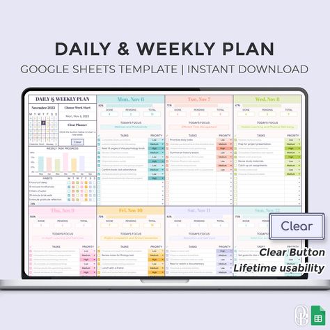 Daily & Weekly Plan + Clear Button! The perfect solution to keep your weekly routine in check! Specially designed for effective daily and weekly planning. 📆 Features: Option to set the start day of the week with the calendar. Track your daily habits and goals. Manage 16 tasks per day, prioritizing as needed. 📈 Progress Tracking: Completed, pending, and total task counts update automatically. Observe your performance with a weekly task progress column chart. 🔄 Clear Button and Flexible Start D To Do List Weekly, Budget Template Free, Week Schedule, Daily Checklist, Planner Essential, Budget Spreadsheet, Spreadsheet Template, Weekly Planning, Excel Templates