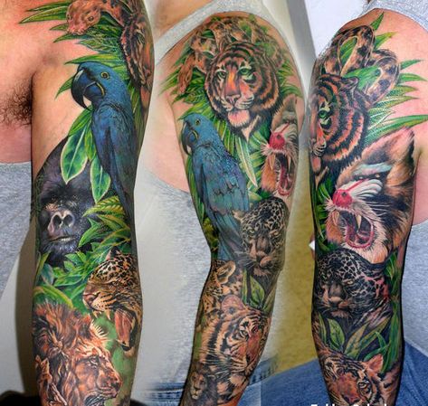 http://tattoomagz.com/jungle-theme-tattoos/  Jungle theme tattoos Natur Tattoo Arm, Jungle Tattoo, Animal Sleeve, Animal Sleeve Tattoo, Nature Tattoo Sleeve, Tattoo Animal, Tattoo Themes, Full Sleeve Tattoo Design, Theme Tattoo