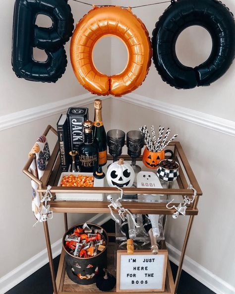 Halloween Bar Cart, Halloween Decorations Apartment, Letter Garland, Halloween Date, Halloween Bar, Halloween Decor Diy, Halloween Movie Night, Bar Cart Styling, Spooky Halloween Party