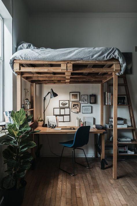 Queen Loft Bed Diy, High Bed Frame Ideas, Diy Loft Bed For Adults, Loft Bed Ideas For Adults, Ladder Bed, Queen Loft Bed, Music Room Storage, Pallet Bunk Beds, Adult Loft Bed