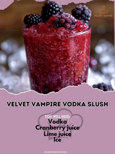 🧛 Indulge in the dark with Velvet Vampire Vodka Slush! 🧛🍹 #VelvetVampireVodka #ChilledCocktail Velvet Vampire Vodka Slush Ingredients: Vodka (1.5 oz) Cranberry juice (1 oz) Lime juice (0.5 oz) Ice Blackberries (for garnish) Instructions: Blend vodka, cranberry juice, lime juice, and ice until smooth. Pour into a glass. Garnish with blackberries. 🧛‍♀️ Embrace the night with this velvety delight! #VodkaCocktails #SlushieTime #GothicGlam White Claw Vodka, Vampires Lair, Dnd Drinks, Creative Alcoholic Drinks, Twilight Halloween, Alcoholic Drinks Vodka, Velvet Vampire, Vodka Slush, Cranberry Juice And Vodka