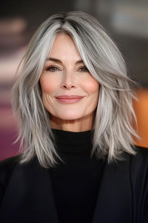 Casual Shoulder Length Hairstyles, Shoulder Length Bob Grey Hair, Grey Hair Haircuts Over 50, 50 Women Hairstyles Over 50, Gray Hair Color Ideas Over 50, Shoulder Length Hair Gray, Color For Greying Hair, Layered Silver Hair, Silver And Blonde Hair