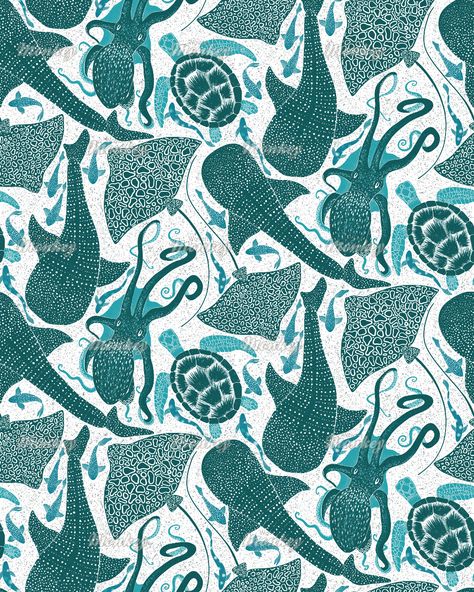 Whale Shark Eagle Ray Sea Turtle Octopus Fish Light Aqua Small | Fabric | Woven Monkey Whale Shark Art Wallpaper, Whale Shark Background, Sea Turtle Wallpaper Aesthetic, Sea Animals Aesthetic, Shark Lockscreen, Whale Shark Wallpaper, Whale Shark Pattern, Ocean Patterns, Sea Turtle Wallpaper