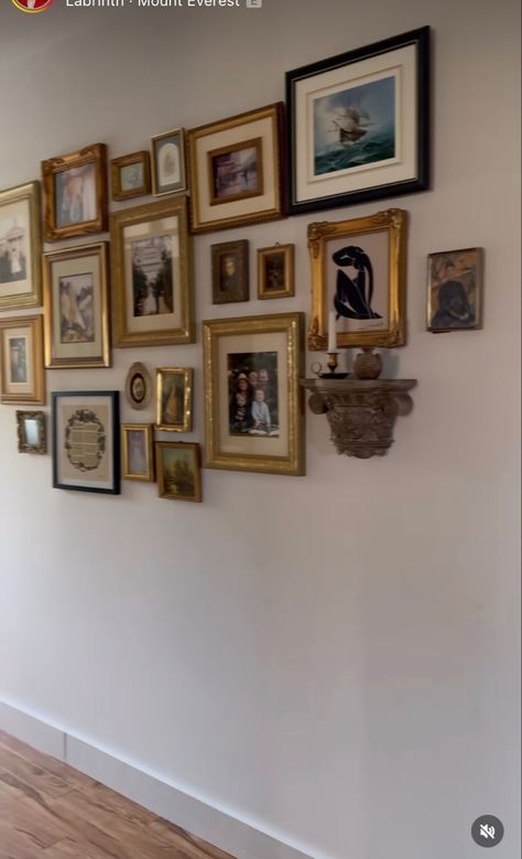 Shelf Collage Wall, Gold Picture Frame Wall Bedroom, Gallery Wall With Candle Sconces, Galley Wall, Frame Shelf, Gold Picture Frames, Wall Candles, Mid Century Vintage, Picture Frame Wall