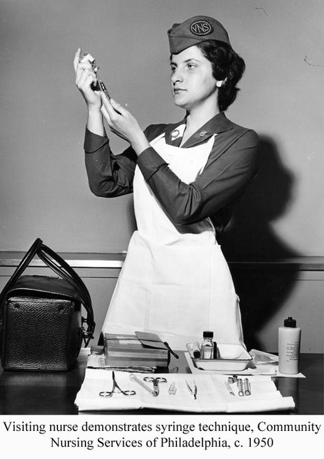 Visiting nurse demonstrates syringe technique, Community Nursing Services of Philadelphia, c.1950. Image courtesy of the Barbara Bates Center for the Study of the History of Nursing. Barbara Bates, Images Of Nurses, Nurse Vintage, Radiology Humor, History Of Nursing, Vintage Nursing, Nursing History, Community Nursing, Word Cat