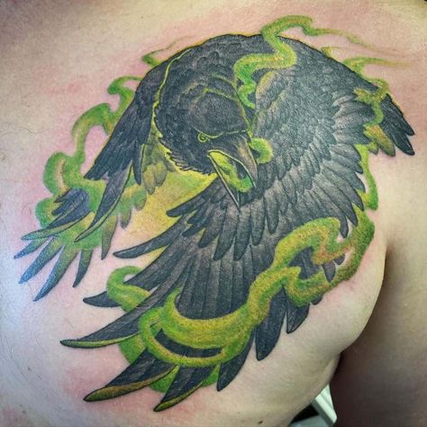 Neo Traditional Crow Tattoo Colorful Ink Neo Traditional Crow, Traditional Crow Tattoo, Raven Tattoo Design, Black Color Images, Raven Tattoos, Celtic Tattoos For Men, Neo Traditional Art, Tattoo Colorful, Anniversary Tattoo