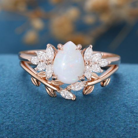 Pear cut Opal  Cluster Engagement ring Bridal Set