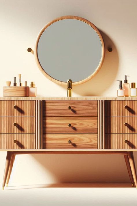 Channel the 60s with this mid-century modern vanity. Tapered legs and clean lines create a timeless look. #MidCenturyModern #RetroVanity