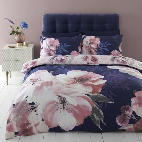 Catherine Lansfield Dramatic Floral Bedding Set in Navy | Low Cost Delivery | Terrys Blue Floral Bedding, Pink Duvet, Floral Bedding Sets, Catherine Lansfield, Pink Duvet Cover, Peony Print, King Size Duvet, Bedroom Idea, Floral Bedding