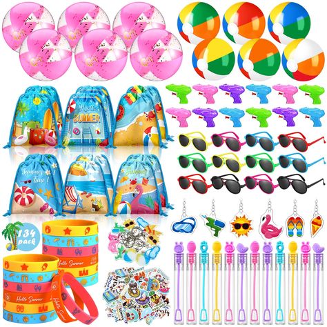 PRICES MAY VARY. Water Party Favors for Boys Girls: our summer pool party favors set includes 12 beach balls with 6 colorful styles and 6 pink glitters styles, 12 drawstring backpacks, 12 sunglasses(6 colors), 12 water guns(4 colors), 12 colorful bubbles, 12 keychains, 12 silicone wristbands, and 50 stickers with different styles; This large assortment of fun items is bound to satisfy every guest at your party Stylish Pool Decorations for Party: complement your pool party theme with our stylish Pool Party Decorations For Kids, Pool Party Ideas For Kids, Kids Pool Party, Pool Decorations, Pool Party Supplies, Birthday Pool Party, Pool Party Themes, Summer Favors, Pool Party Kids