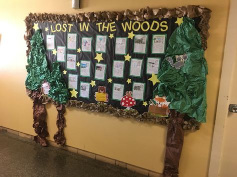 Forest themed bulletin board Tree Themed Bulletin Boards, Forest Bulletin Board Ideas, Enchanted Forest Classroom Door, Forest Theme Classroom Bulletin Boards, Woodland Bulletin Board Ideas, Mushroom Bulletin Board, Forest Bulletin Board, Enchanted Forest Bulletin Board, Enchanted Forest Classroom Theme Bulletin Boards