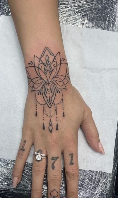 Lotus Flower Hand Tattoos For Women, Kana Tattoo, Top Hand Tattoos, Lotus Flower Hand Tattoo, Mandala Tattoo Wrist, Lotus Flower Mandala Tattoo, Lotus Tattoo Wrist, Lotus Hand Tattoo, Women Hand Tattoos