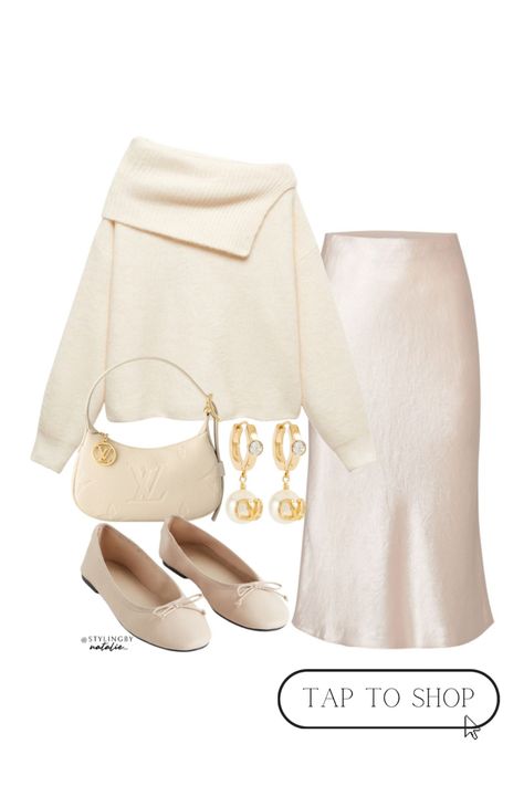 Off the shoulder knit jumper, satin slip midi skirt, beige ballet flats, Louis Vuitton bag & pearl earrings. Fall winter outfit, work wear, office outfit, smart chic, work outfit. Ballerina Skirt Outfit, Winter Outfit Work, Parisian Chic Outfits, French Girl Fashion, Beige Ballet Flats, Slip Midi Skirt, Smart Chic, Chic Work Outfit, Ballet Flats Outfit