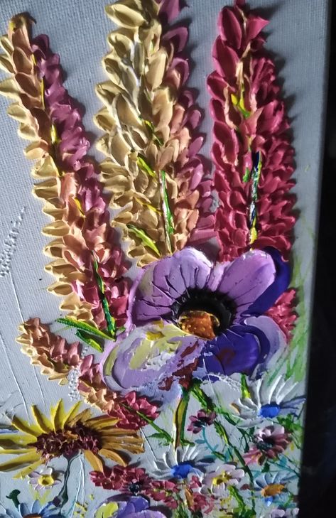 Pallet Knife Flower Painting, Thick Acrylic Flower Painting, Pallet Knife Painting Acrylic Flowers, Thick Paint Flowers, How To Paint Textured Flowers, Thick Acrylic Painting On Canvas, Pallet Knife Flowers, Thick Acrylic Painting, Wildflower Artwork