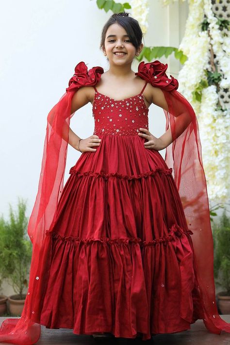 Latest Kids Gown Designs, Net Gowns For Kids, Kids Gown Alexandrina Dresses, Redmade Gown For Children, Red Frocks For Kids, Tiered Gown, Red Frock, Frocks And Gowns, Stylish Gown