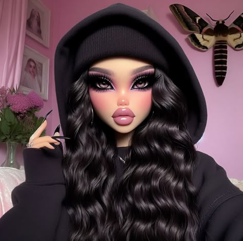 Bratz Dolls Make Up Looks, Bratz Doll Black Hair, Alexa + Core + Aesthetic, Chola Aesthetic, Bratz Girl, Bratz Dolls Aesthetic, Blue Eyes Aesthetic, Cool Cartoon Drawings, Princess Charm School