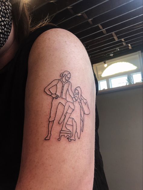 An outline of the Rumours album cover by Fleetwood Mac as a tattoo on my upper arm. Classic Rock Inspired Tattoos, Fleetwood Mac Rumors Tattoo, Fleetwood Max Tattoo, Music Album Cover Tattoo, Music Album Tattoo Ideas, Album Inspired Tattoos, Outlined Tattoos, Fleetwood Mac Rumours Tattoo, Music Patchwork Tattoo