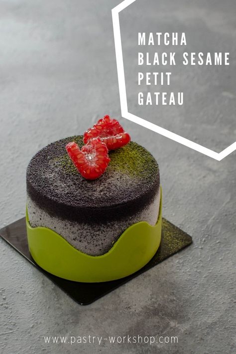 A delicious miniature entremet consisting of matcha sponge, black sesame crunchy layers, black sesame insert and matcha mousse. Entremet Recipe, Trifle Pudding, Dessert Recipies, Black Sesame, Types Of Cakes, Bakery Recipes, Mousse Cake, French Pastries, Best Dessert Recipes