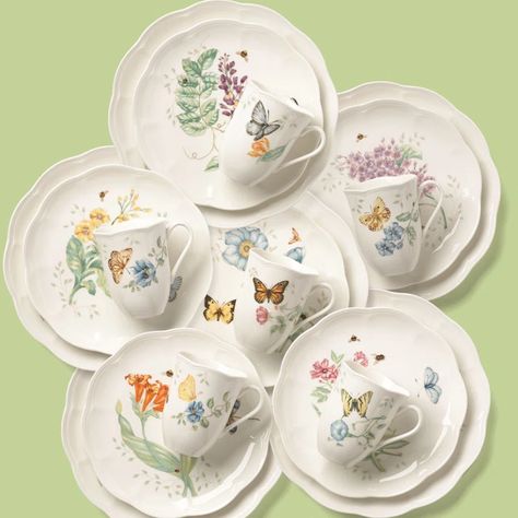 Lenox Butterfly Meadow Porcelain China Dinnerware - Set of 18 & Reviews - Wayfair Canada Crockery Set, Butterfly Meadow, Lenox Butterfly Meadow, Trademark Design, Square Dinnerware Set, China Dinnerware Sets, Bone China Dinnerware, Butterflies And Flowers, Glass Butterfly