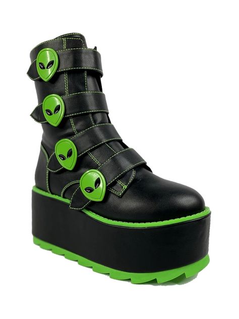 KARMA ALIEN - BLACK/GREEN – RaveLand Goth Platform Shoes, Scene Shoes, Rave Boots, Alt Shoes, Alien Clothes, Yru Shoes, Goth Shoes, Goth Boots, Sanders Sides