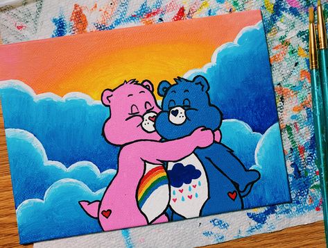 #carebears #painting #vibes #90s #childhood Easy Painting Ideas On Canvas For Couple, Carebears Painting Ideas, Carebear Paintings, Care Bear Painting Canvas, Carebear Painting Canvas, Acrylic Painting Ideas Cartoon, 2000s Painting Ideas, 90s Cartoon Paintings, Care Bears Painting