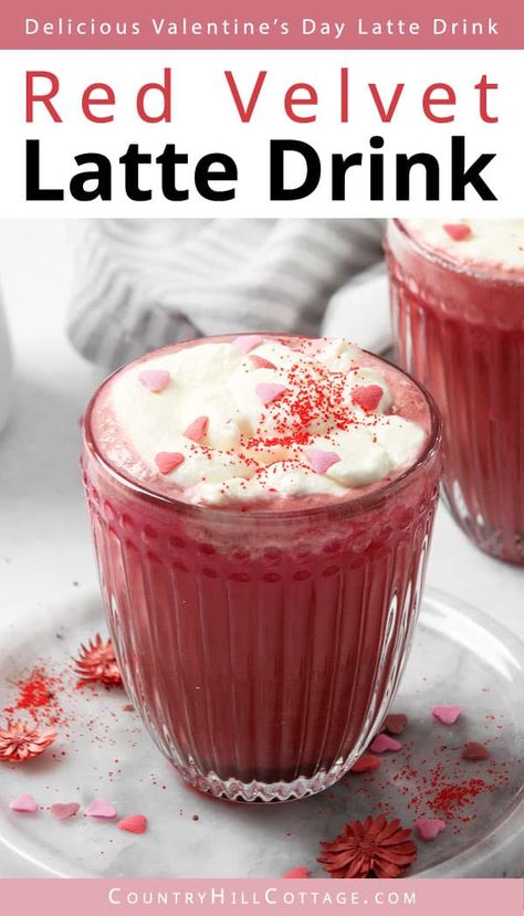 See how easy it is to create red velvet coffee at home! If you like red velvet cake, you are going to love this red velvet latte recipe that combines coffee, cocoa, beet juice, and milk to make a delicious Valentine’s drink. Includes variations for pink velvet latte (Dunkin-inspired), vegan Valentine’s latte, hot and iced. This red velvet coffee is sure to become your favorite Valentine’s Day drink. No to mention, the recipe only takes only 10 minutes to whip up! | CountryHillCottage.com Red Velvet Coffee, Red Velvet Latte, Instant Coffee Recipes, Valentine Drinks, Coffee Latte Art, Coffee Valentines, Beet Juice, Warm Pink, Coffee At Home