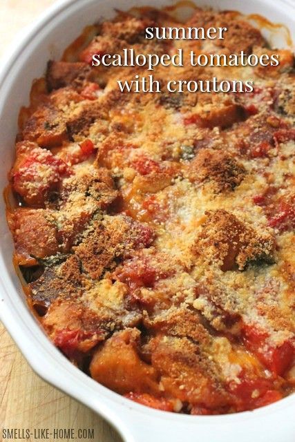 Recipes Using Croutons, Breaded Tomatoes Recipe, Tomato Bread Recipe, Scalloped Tomatoes, Veggie Board, Quick Summer Meals, Croutons Recipe, Tomato Recipe, Tomato Dishes