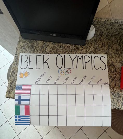 Beer Olympics Poster Board, Olympic Party Ideas, Beer Olympics Decorations, Beer Olympics Scoreboard, Beer Olympics Team Themes, Beer Olympics, Beer Olympics Teams, Beer Olympics Party, Beer Olympics Games