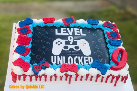 #gaming #sheetcake #9thbirthday #levelunlocked Level 10 Cake Ideas, Level Up Cake Ideas, Level Unlocked Birthday Cake, Level Up Cakes For Boys, Video Game Sheet Cake, Gamer Birthday Sheet Cake, 12th Birthday Cake, Rectangle Cake, Harry Potter Birthday Cake