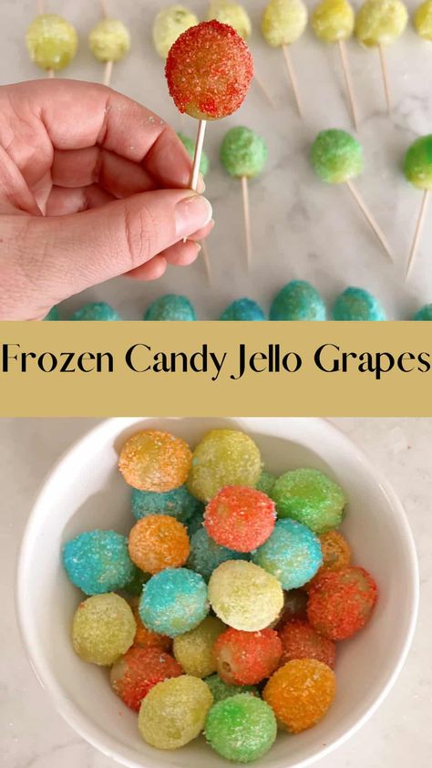 Jello Grapes- Frozen Candy Grapes - traditionallycozy.com Frozen Grapes With Jello Powder, Jello Grapes Frozen, Frozen Grapes Jello, Snow Grapes, Frozen Candy Grapes, Jello Grapes, Frozen Grapes Recipe, Grapes Frozen, Frozen Jello