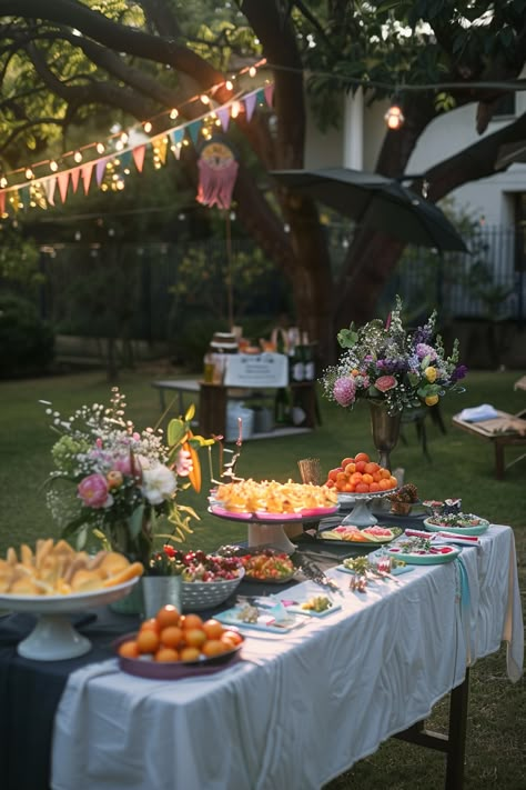 A beautifully decorated outdoor banquet table with assorted dishes, fruits, and flowers under string lights and bunting flags in a garden setting. Party Backyard Decorations, Backyard Party Layout Ideas, Party Outdoor Decorations, Outdoor 21st Party Decorations, Outdoor Birthday Party Set Up Ideas, Outdoor Bday Party Decorations, Party Decor Outdoor, Courtyard Party Ideas, 25th Backyard Birthday Party