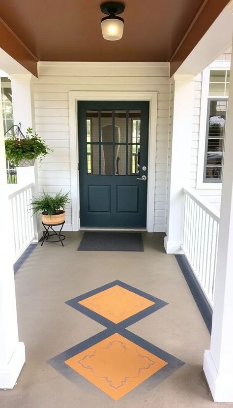 25 Concrete Patio Porch Floor Makeover Ideas » HomeQly.com Outdoor Concrete Patio Paint Ideas, Staining Concrete Porch Diy, Cement Porch Paint Ideas, Stamped Concrete Porch Ideas, Concrete Floor Ideas Outdoor, Front Porch Tiles Outdoor, Paint Patio Concrete, Painted Concrete Floor Ideas, Cement Floor Ideas Outdoor