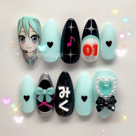 Miku Nail Art, Hatsune Miku Nails Ideas, Hatsune Miku Nails, Hatsune Miku Makeup, Miku Nails, Hatsune Miku Tattoo, Cute Nails Gel, Nail Art Cute, Anime Nail